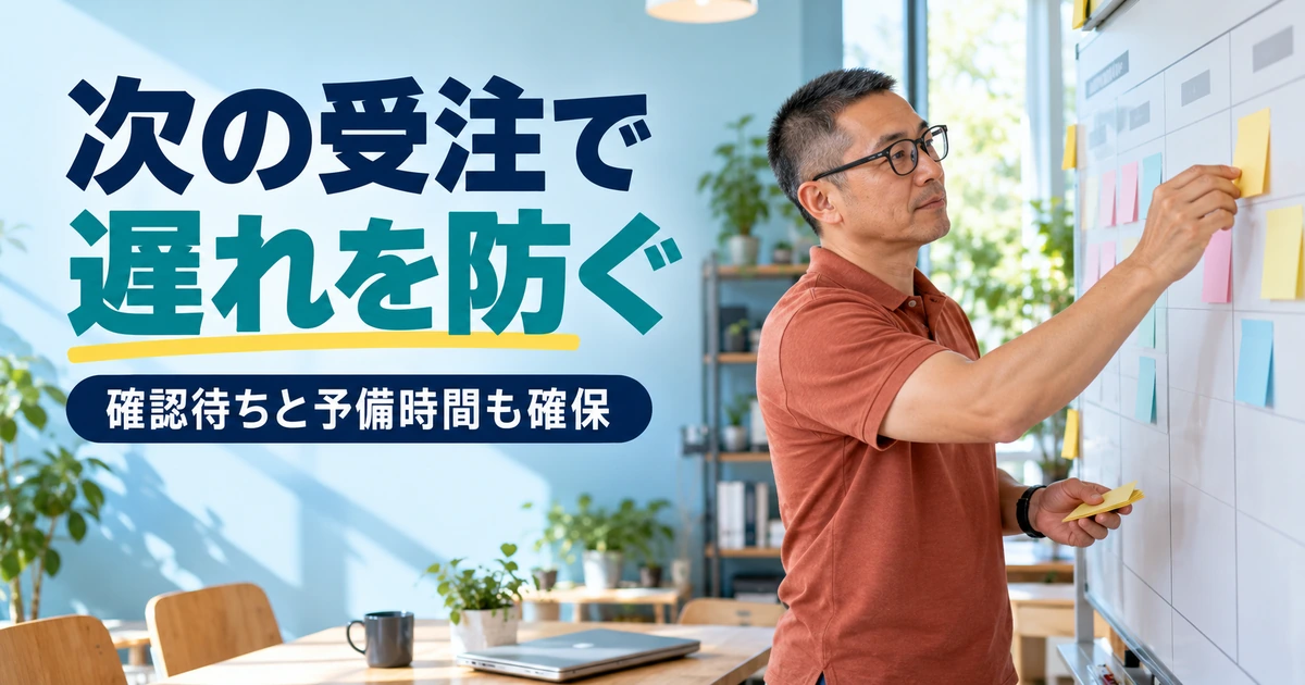 作業と確認待ちの工程を並べ、次の受注に備えて日程を組む男性