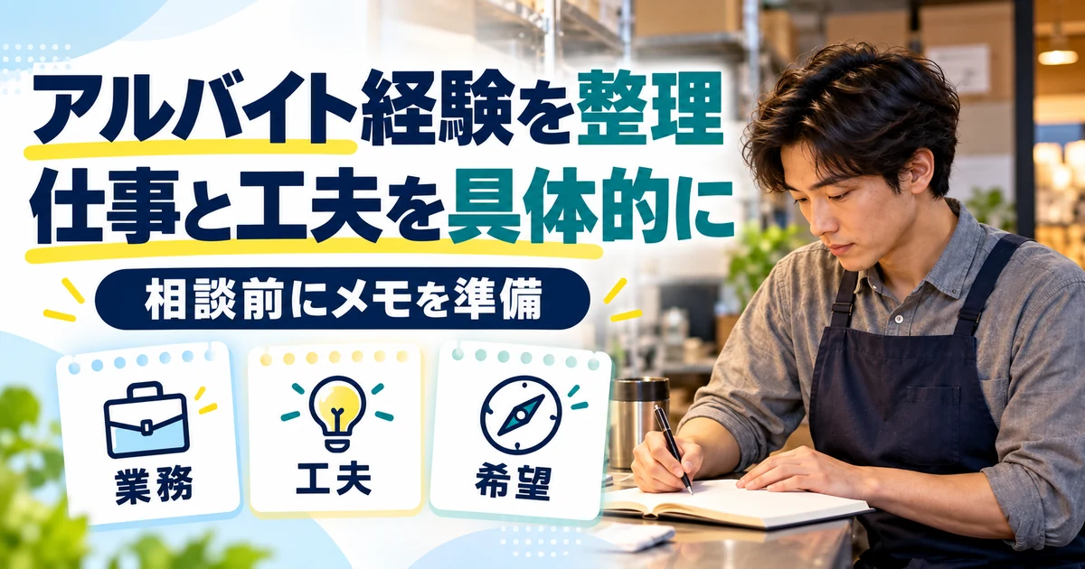 フリーターの就職相談:アルバイト経験を整理、仕事と工夫を具体的に。業務・工夫・希望を図解