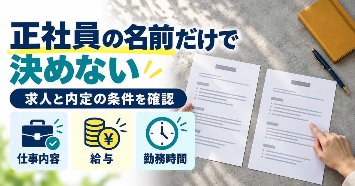 フリーターの就職相談:正社員の名前だけで、決めない。仕事内容・給与・勤務時間を図解