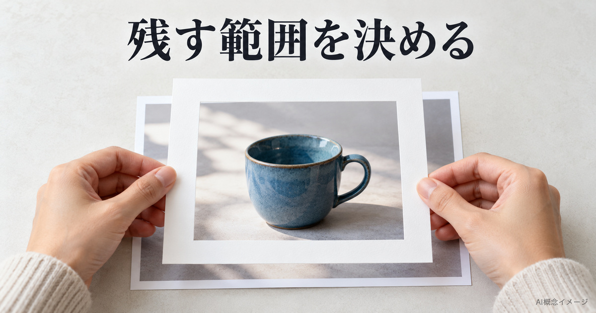 カップ写真へ紙の枠を重ね残す範囲を考えるAI概念イメージ