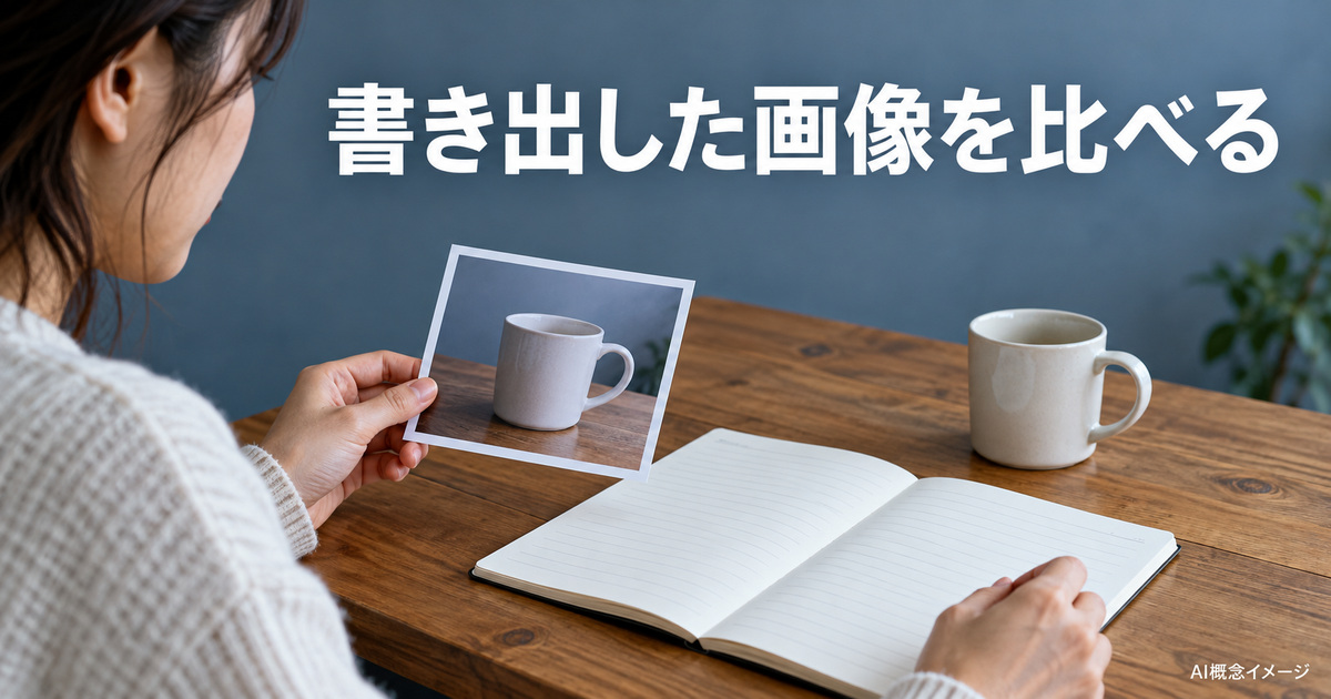 写真と罫線ノートで出力結果を比較するAI概念イメージ