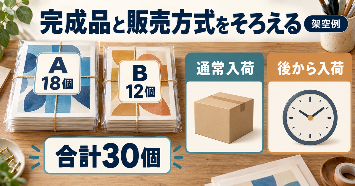 架空の完成紙作品A18個とB12個、合計30個を示し、通常入荷と後から入荷の販売方式を分けて確認する図