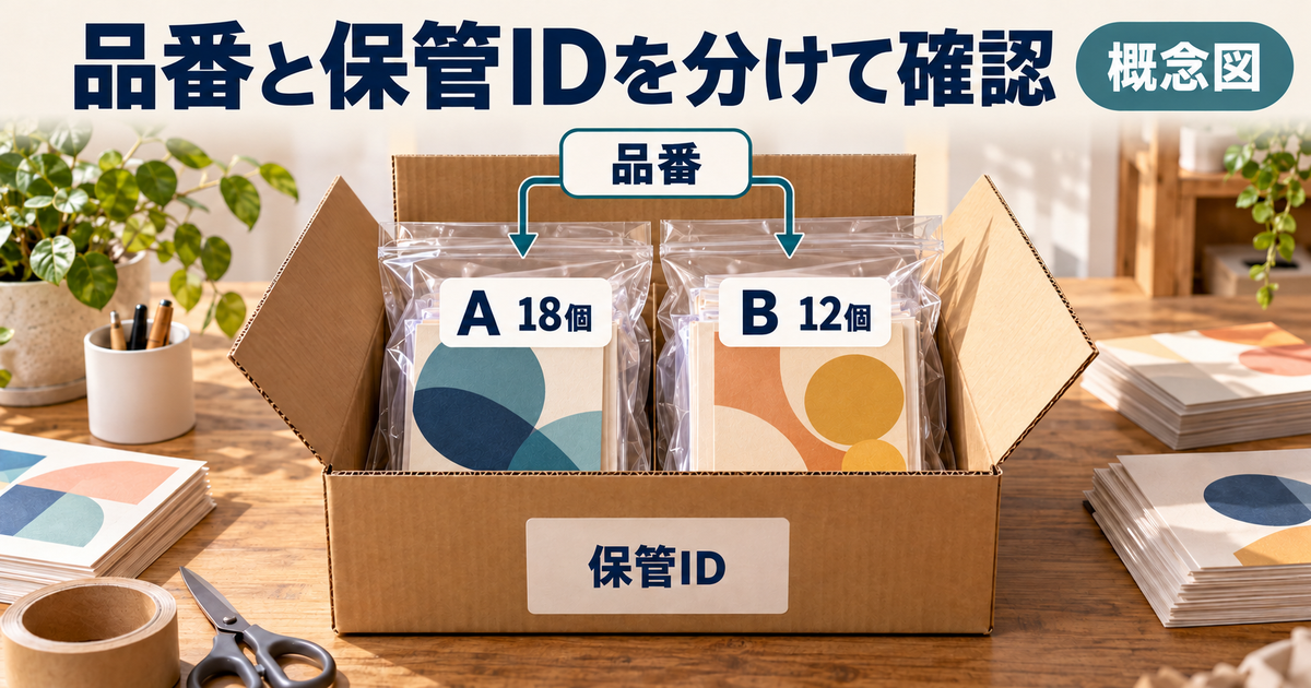 内袋の品番とA18個・B12個の数量、外箱の保管IDを別々に照合する概念図