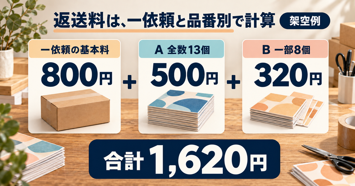 架空の一返送依頼の基本料800円、A全数13個の500円、B一部8個の320円を合わせ、合計1,620円を確認する図