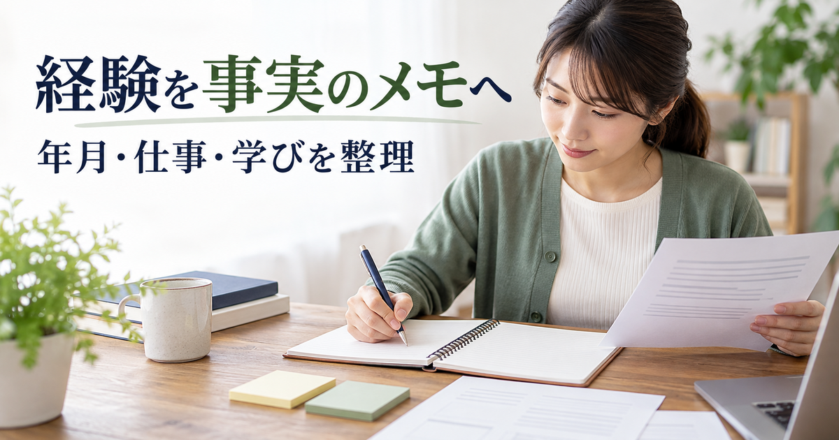 勤務期間や仕事内容、学習歴を資料と照らしてメモする机の様子
