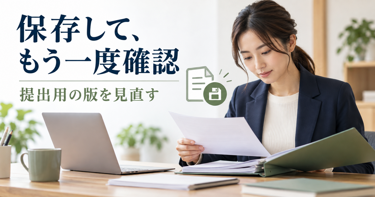 作成した書類の年月と内容を見直し、提出用の版を保存する様子