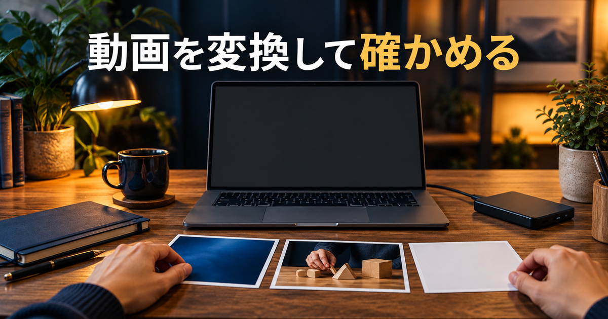 既存動画の変換と確認を表すパソコンと教材写真