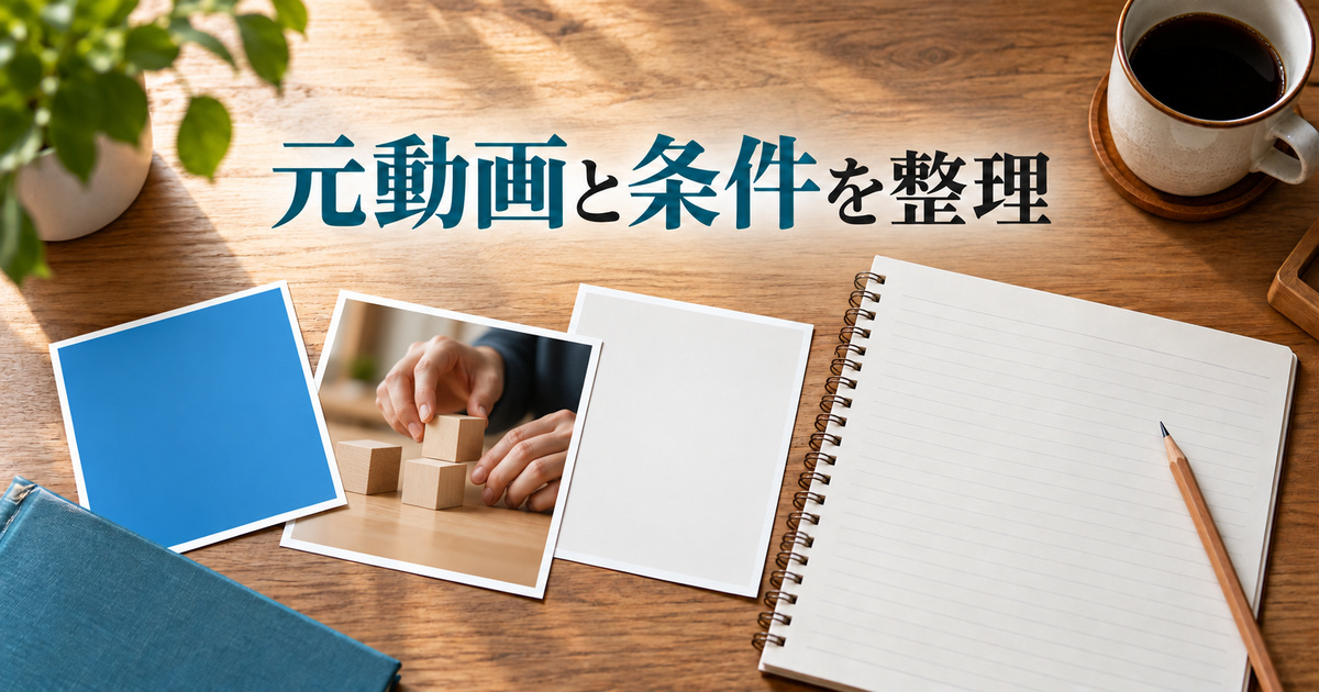 教材動画の三場面と条件を書くノートを並べた机