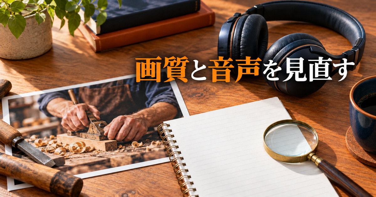 映像の細部と音声を確認するための写真とヘッドホン