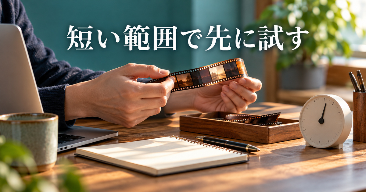 短い範囲を先に試す考え方をフィルムと時計で表す概念写真