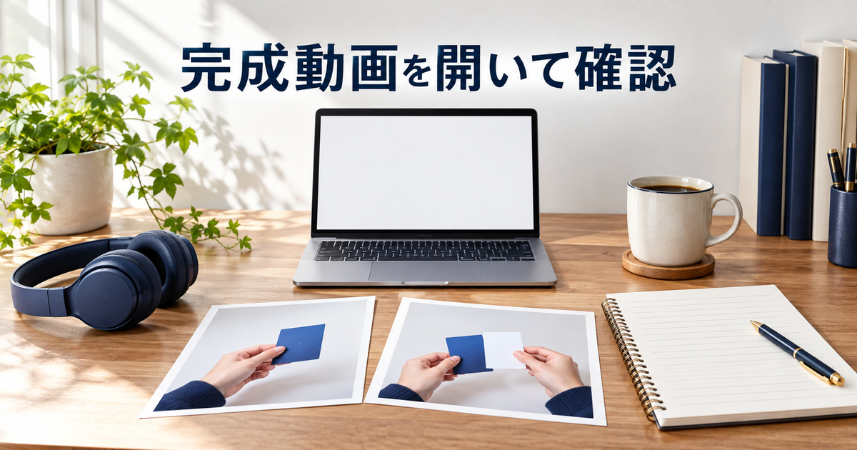 元動画と完成動画を見比べる場面を表す写真と確認用紙