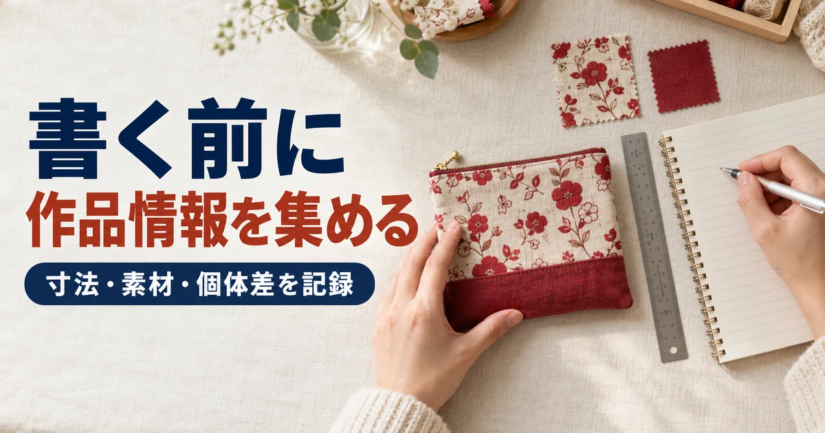 布小物と素材見本やメモを並べ商品説明に必要な情報を集める場面