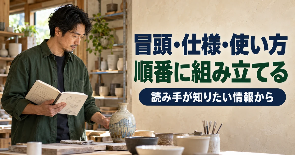 制作棚の前で陶器と原稿を確認して説明文の構成を整える作家