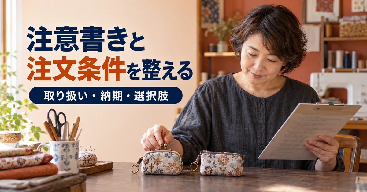 異なる金具の選択肢と布作品を確認し注意書きや注文条件を整理する場面