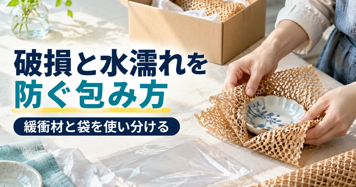 壊れやすい作品を緩衝材と袋で保護する場面