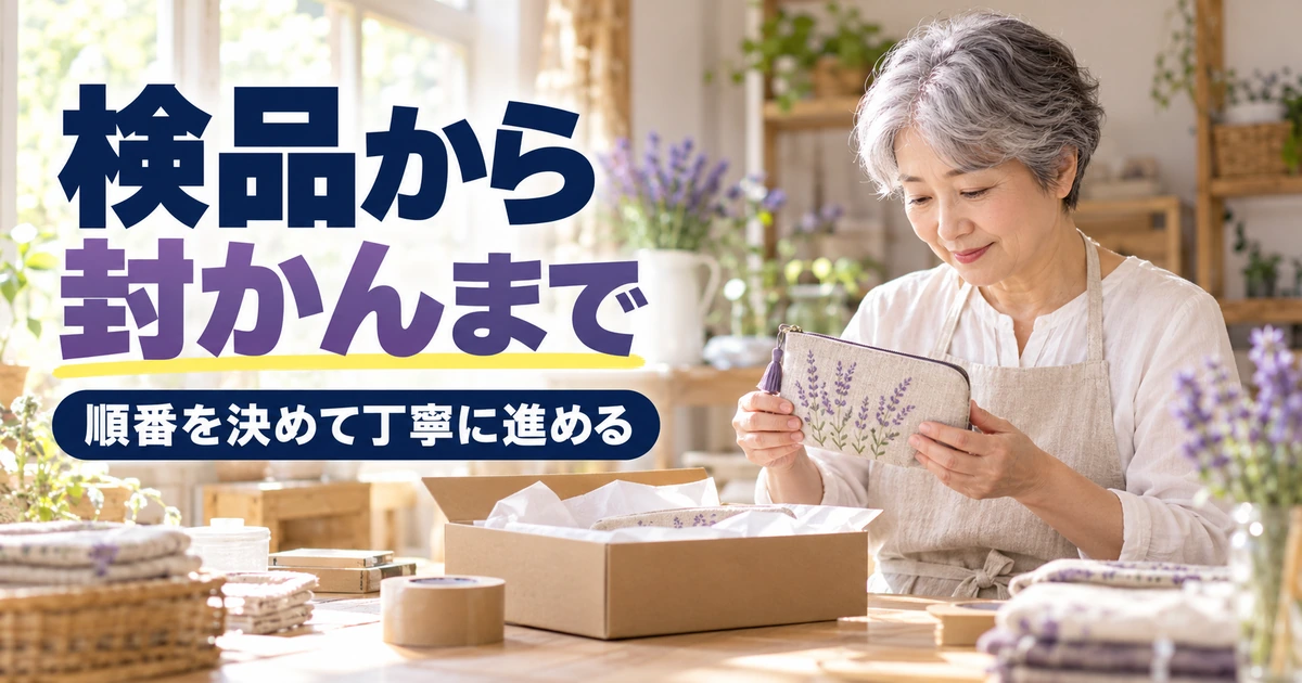 ハンドメイド作品の検品から封かんまでを進める場面