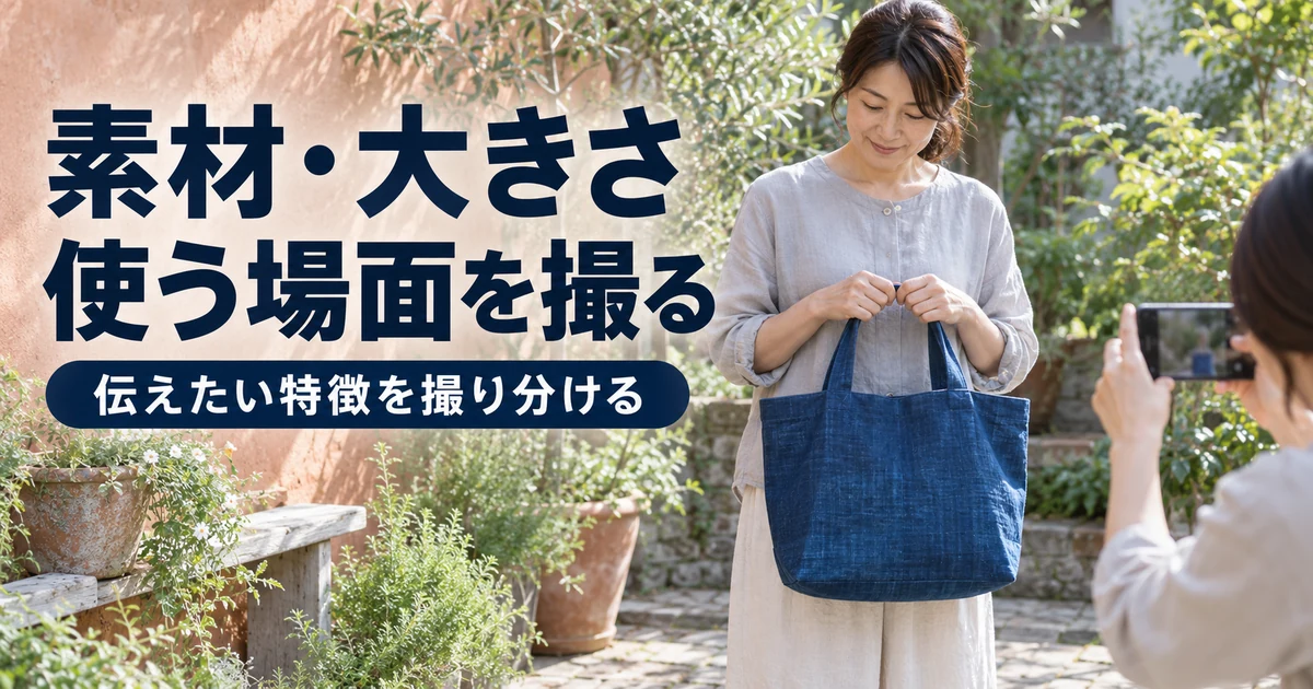 ハンドメイドの布バッグを成人が使う場面をスマートフォンで撮影