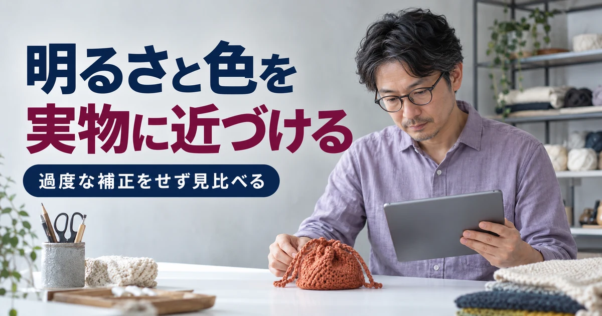 作家が実物の布作品と撮影画像を見比べて明るさや色を確認する場面