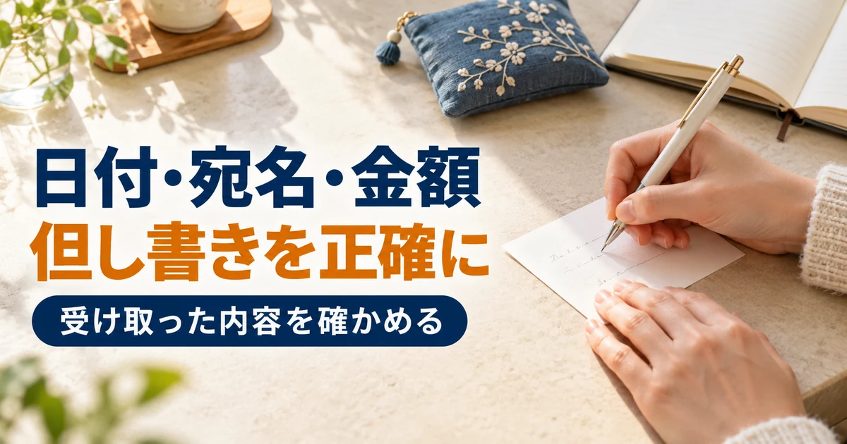 無地の用紙に記入する前に作品と受領内容を確認する手元