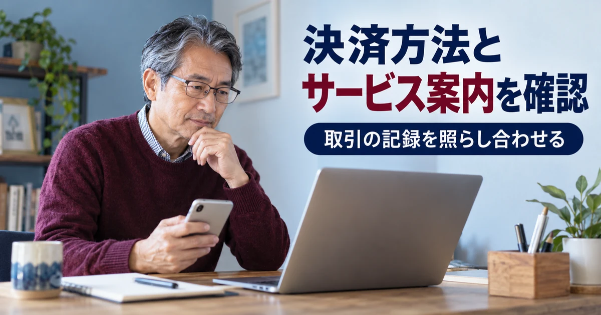 ネット販売の取引記録を端末とノートで照合する男性