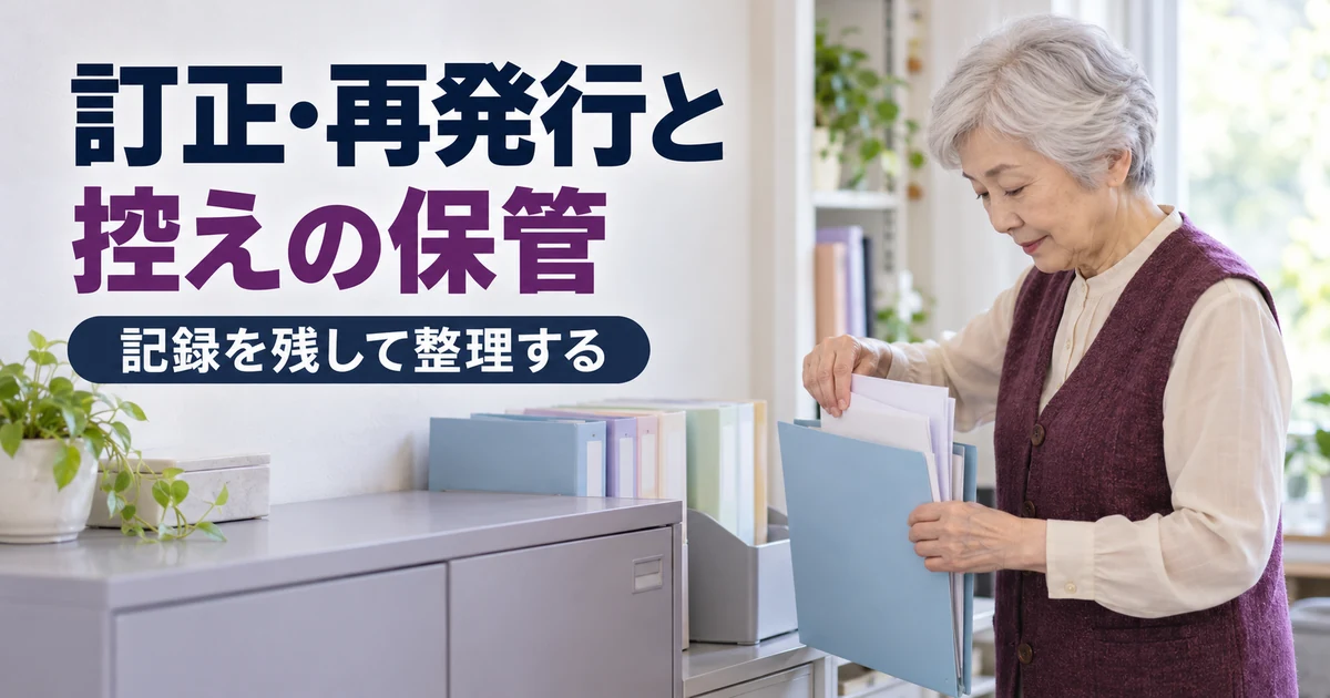 領収書の控えや確認済み書類を無地のファイルへ整理する女性