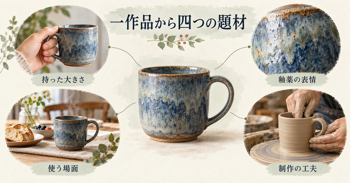 一つのマグカップから大きさ、釉薬、使用場面、制作の工夫を四つの投稿題材に分けた図