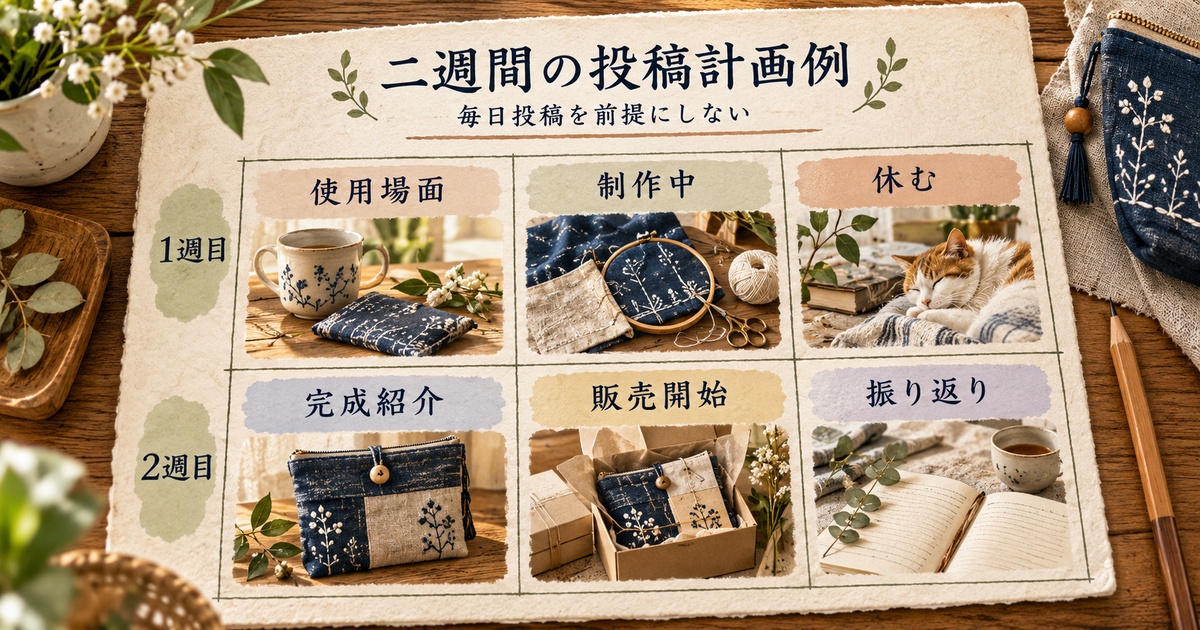 使用場面、制作中、休む日、完成紹介、販売開始、振り返りを配置した二週間の投稿計画例