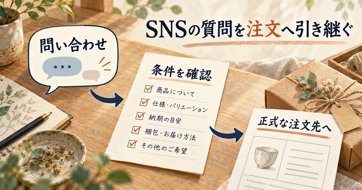 SNSの問い合わせから条件確認を経て正式な注文先へ案内する流れ