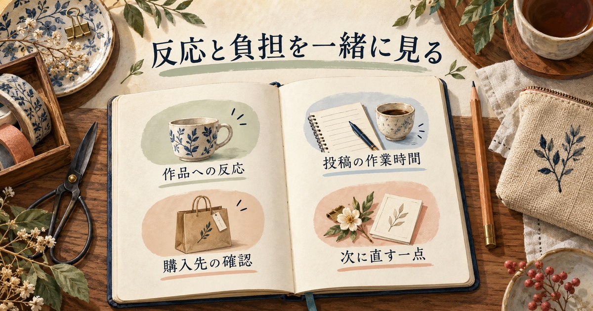 作品への反応、購入先の確認、投稿の作業時間、次に直す一点を記した振り返りノート