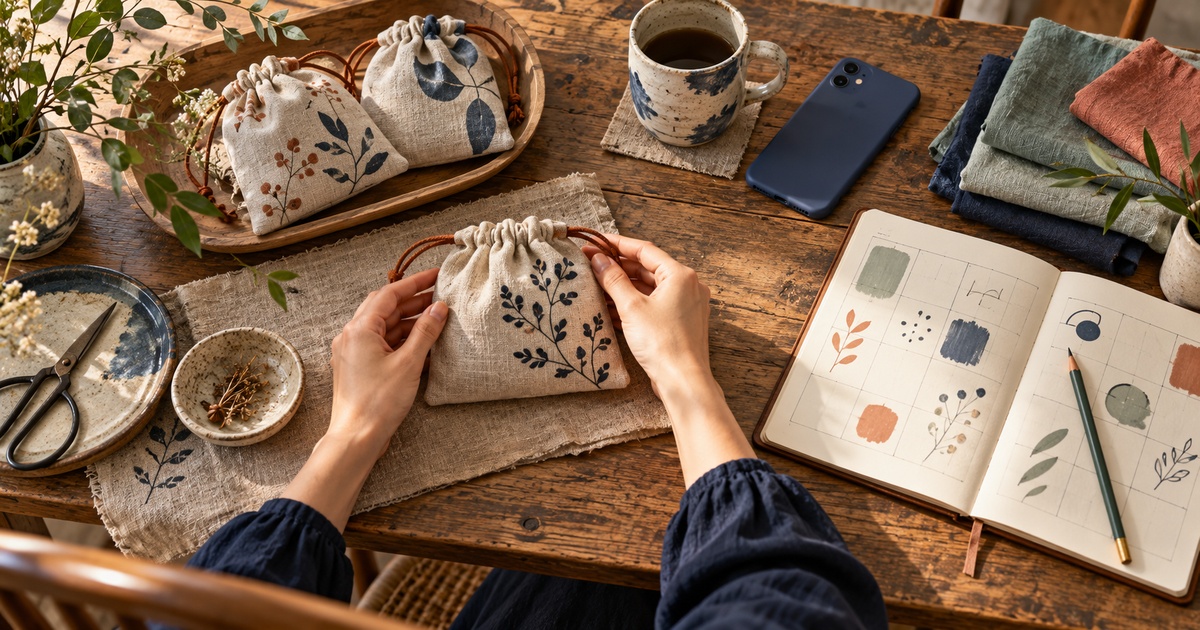 布小物と陶器、スマートフォン、紙の計画帳を置いた机で作品を整える作家の手元