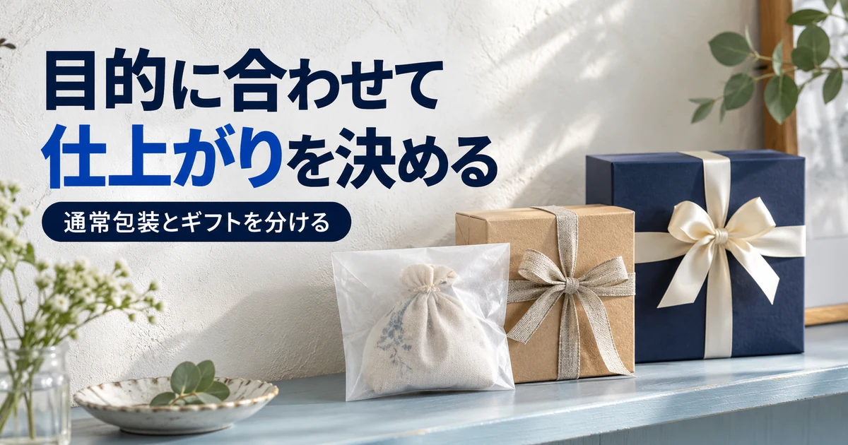 シンプルな包装とナチュラルなギフト包装を並べ仕上がりを比較する場面