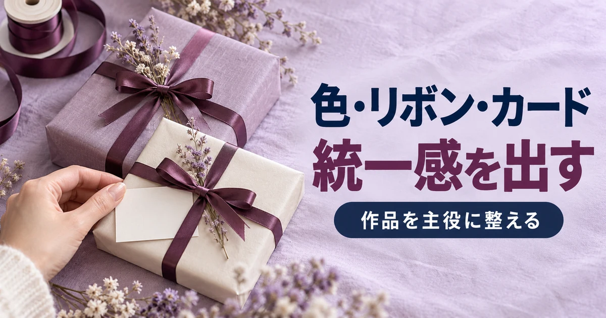 色をそろえた包装紙とリボンと無地カードで贈答包装を整える場面