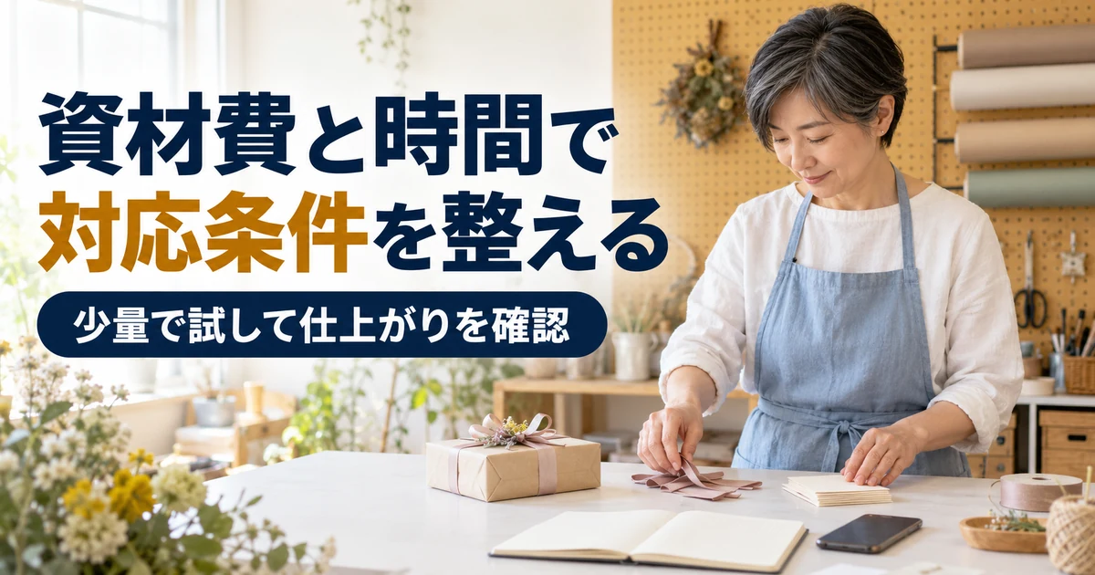 少量の包装資材と試作したギフトを確認する作家