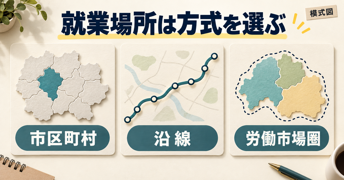 市区町村、鉄道の沿線、労働市場圏の三つの範囲指定を比較する模式図。