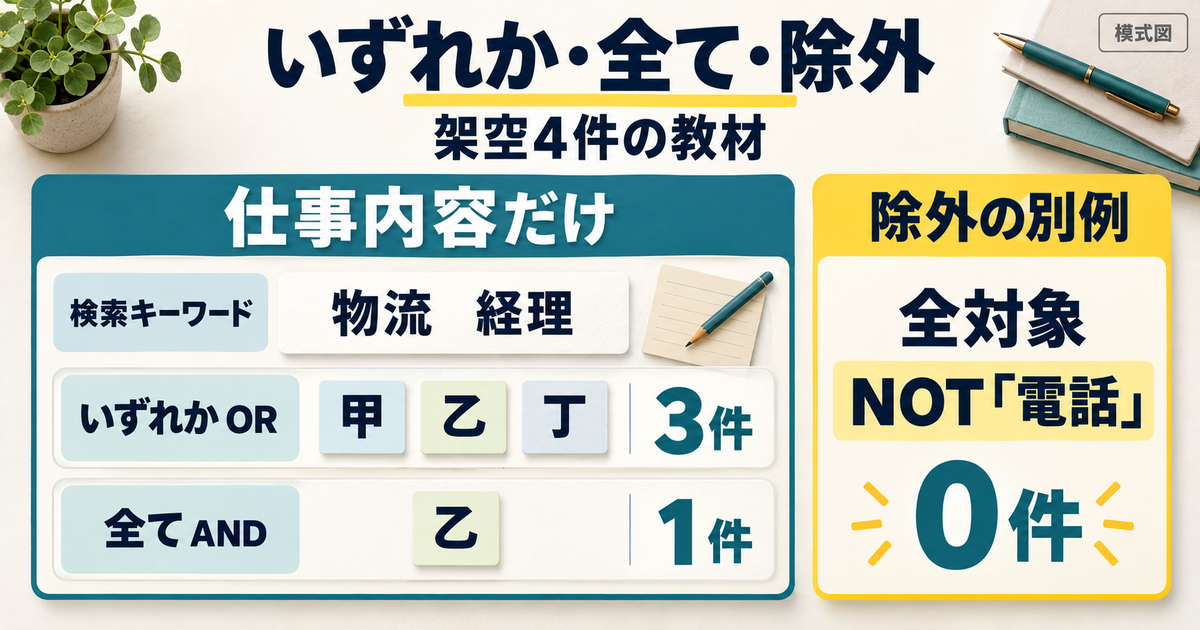 架空求人の仕事内容欄でORとANDを比較し、別枠で全対象への除外語の効果を示す図。