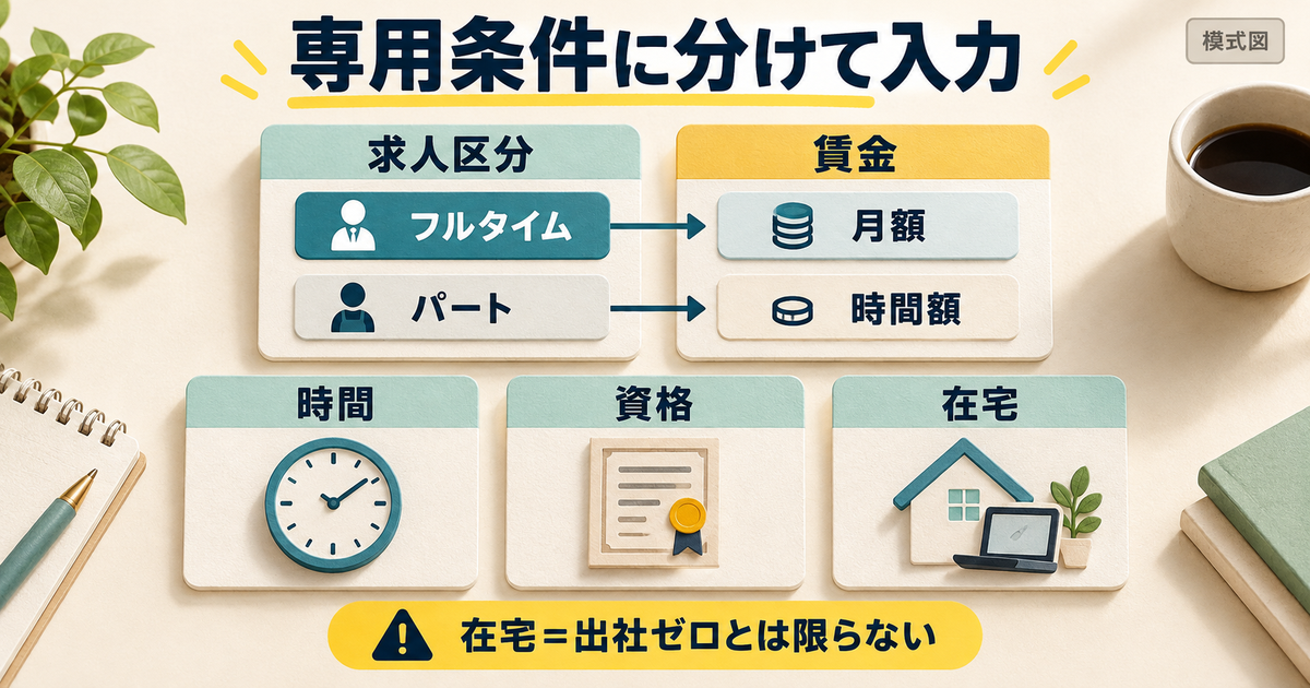 賃金や時間、資格、在宅勤務をそれぞれの検索項目に分けて指定する図。