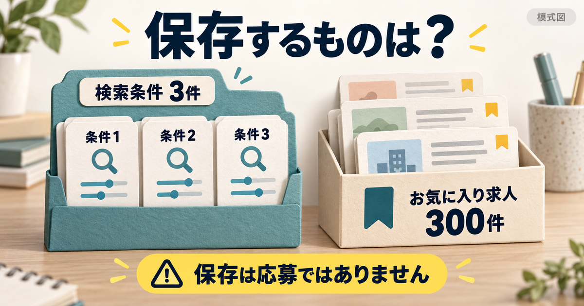次回の検索に使う条件と、気になる募集のお気に入りを別々に保存する図。