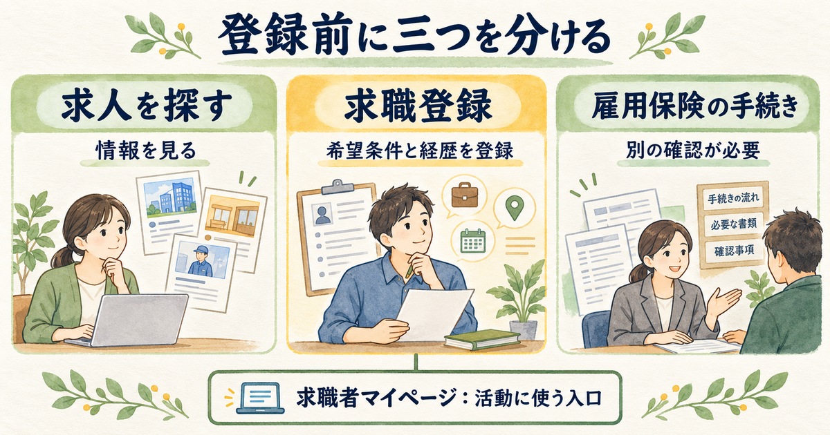 求人検索、求職登録、雇用保険の手続きを分け、マイページを活動の入口として示す図