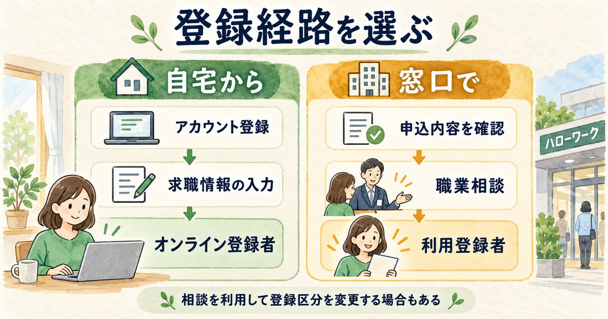 自宅からオンライン登録者になる経路と、窓口で相談して利用登録者になる経路の比較図
