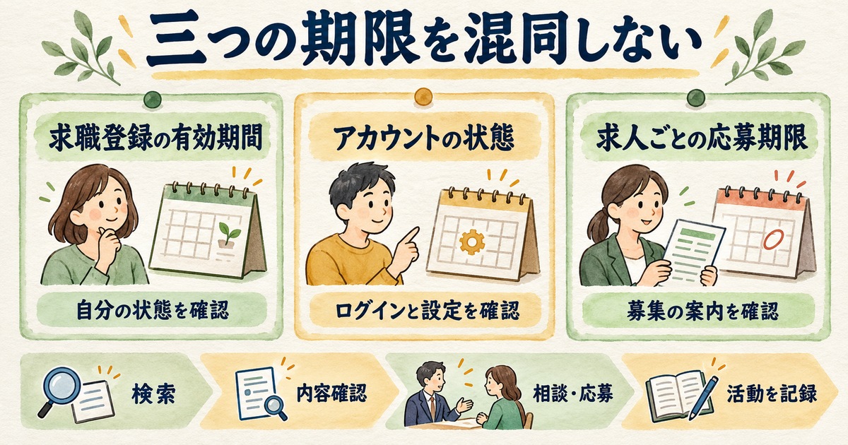 求職登録の有効期間、アカウントの状態、求人ごとの応募期限を分けて確認する図