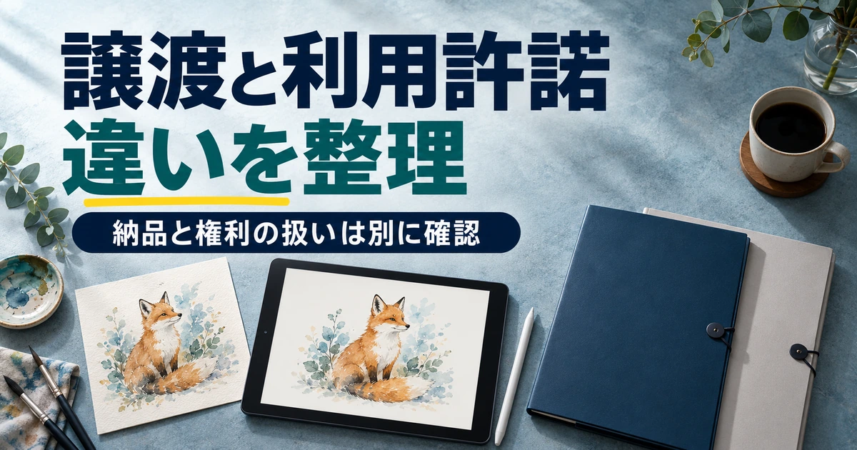 原画・完成画像・条件資料を別に並べ、納品と権利の扱いを区別した机