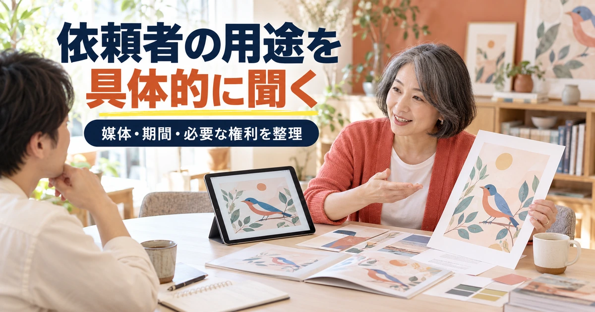イラストの使用媒体や期間を、印刷物と画面の見本で相談する二人