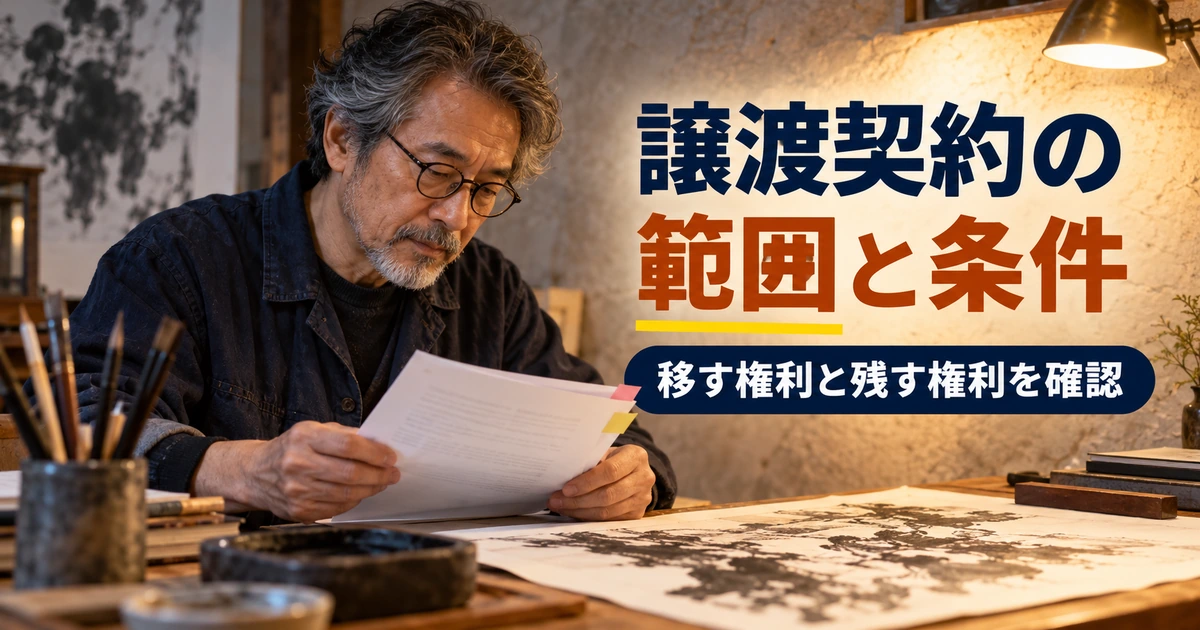 契約資料と作品を照合し、譲渡する権利の範囲を確認する男性作家