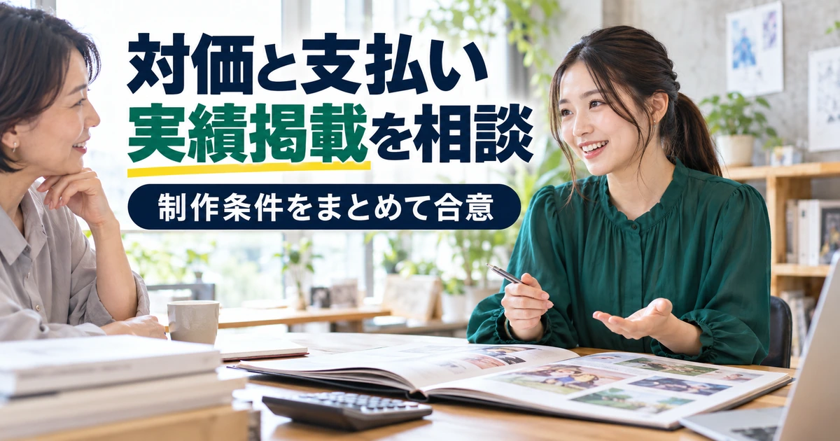 作品集を見ながら、対価・支払い・実績掲載の条件を相談する制作者
