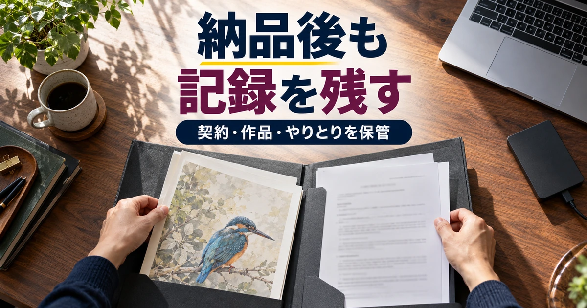 納品したイラストと契約資料をまとめて保管する手元