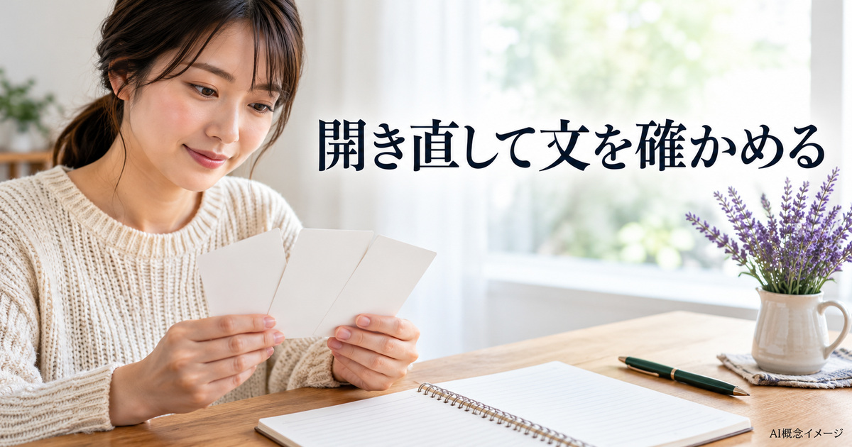 保存した内容を読み返す人物とカードのAI概念イメージ