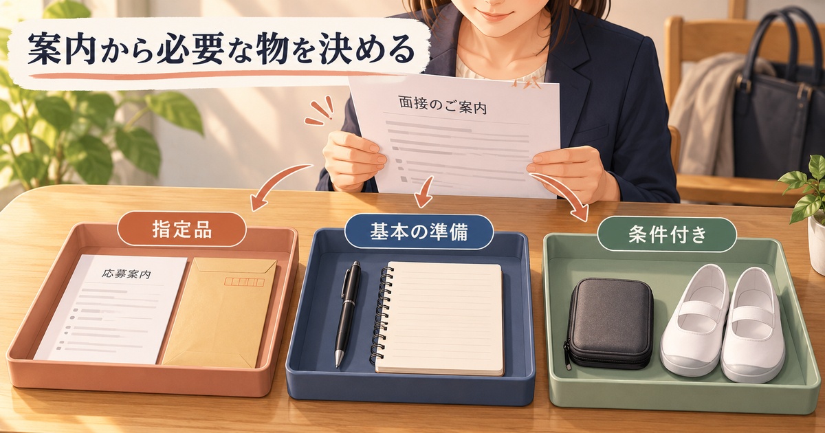 面接案内を読み、指定品・基本の準備・条件付きの品物を三つのトレイに分ける図