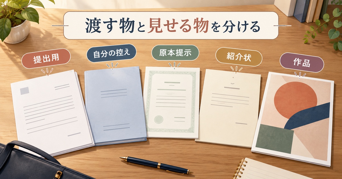 提出用、自分の控え、原本提示、紹介状、作品の五種類に書類を分けた図