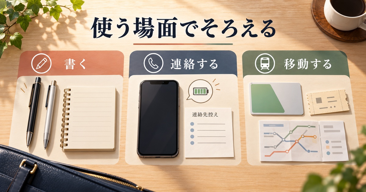 書く・連絡する・移動する用途ごとに筆記具、電話と連絡先控え、交通資料を用意する図