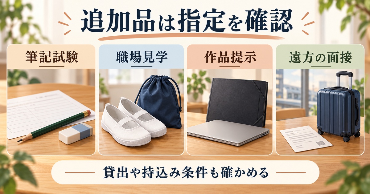 筆記試験、職場見学、作品提示、遠方面接の追加品を指定に合わせて確認する図